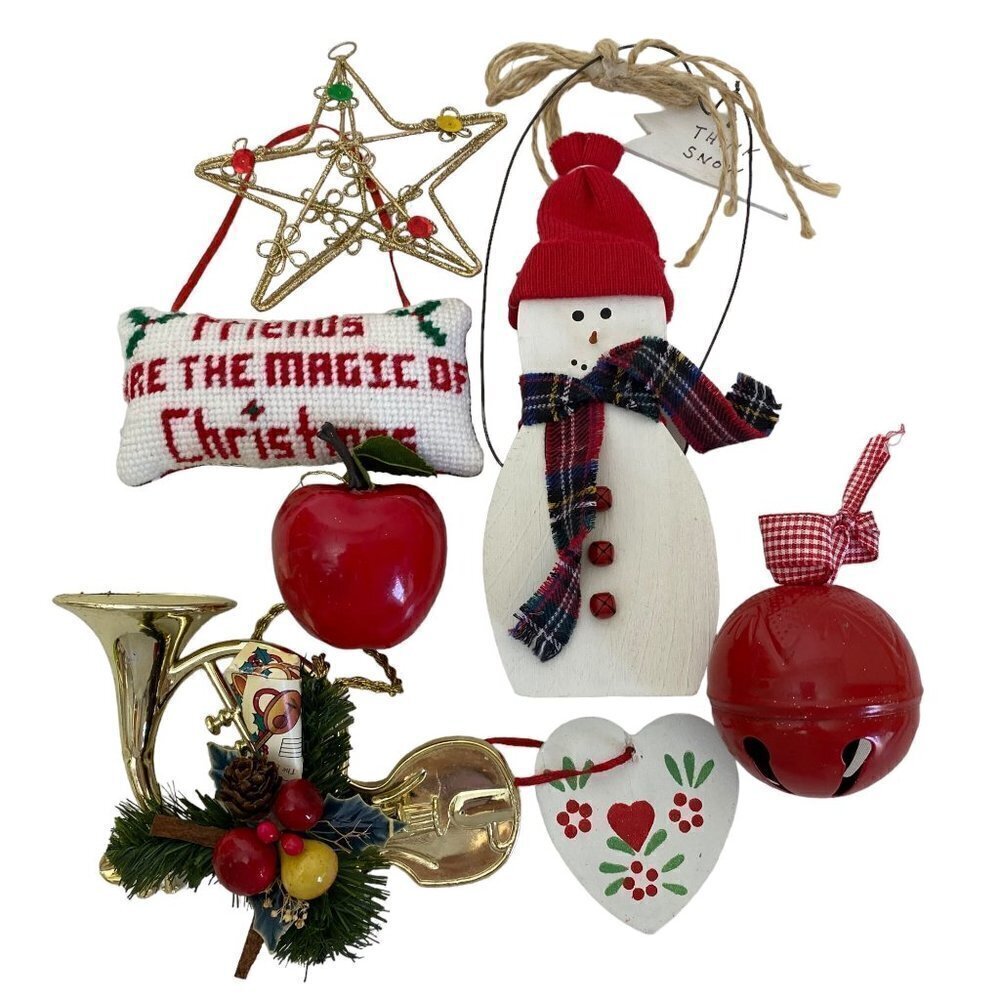Christmas Ornaments Assortment 7 Pieces Retro Holiday Jingle bell Snowman Music